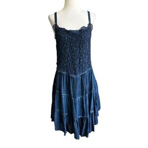 Sea Gypsies Blue  Open Back Distressed Tiered Crochet Dress Women Small | 46-31